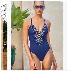 Becca NWT Navy Delilah Care Plunge One Piece Swimsuit Size M